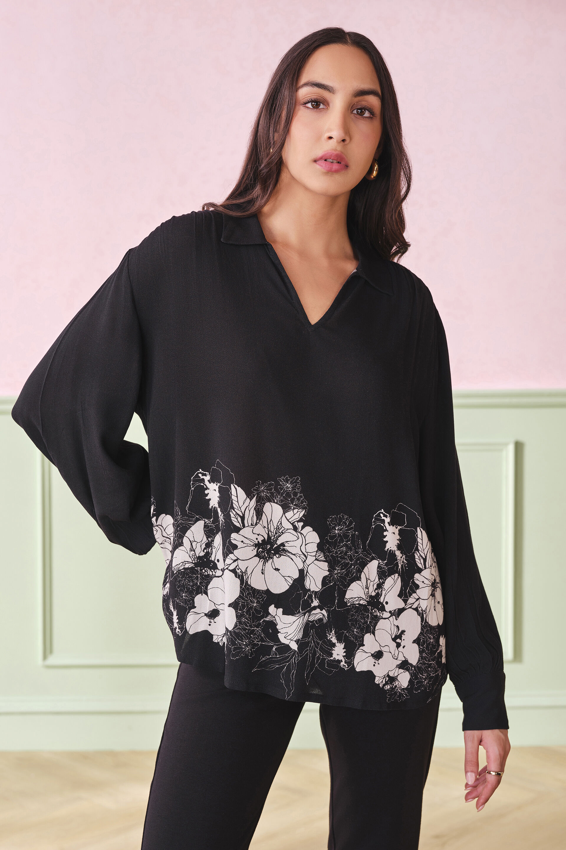 Contrast Garden Viscose Top, Black, image 3